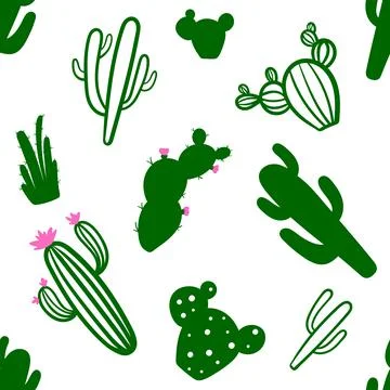 Cute hand drawn seamless pattern with green cactus on white background. Stock Illustration