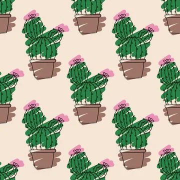 Cute hand drawn seamless pattern with cactus Illustrazione stock