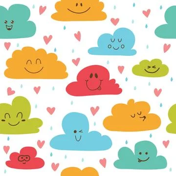 Cute hand drawn seamless pattern with clouds, drops and hearts Stock Illustration