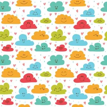 Cute hand drawn seamless pattern with clouds, drops and hearts. Funny backg.. Stockillustratie