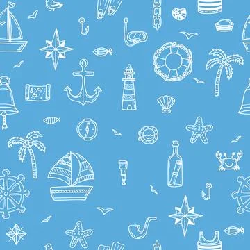 Cute hand drawn seamless pattern with nautical elements. Nautical icons. Ma.. Stock Illustration