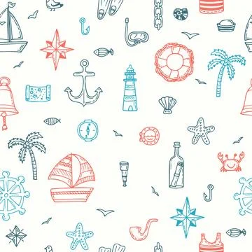 Cute hand drawn seamless pattern with nautical elements. Marine symbols. Na.. Stock Illustration