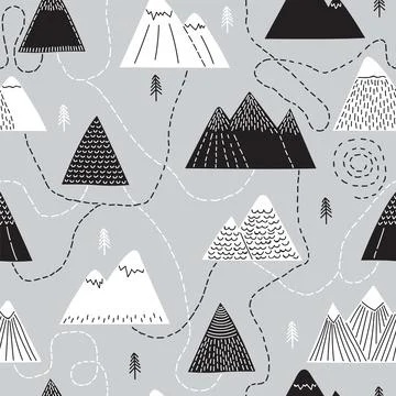 Cute hand drawn seamless pattern with trees and mountains. Creative scandin.. Illustrazione stock