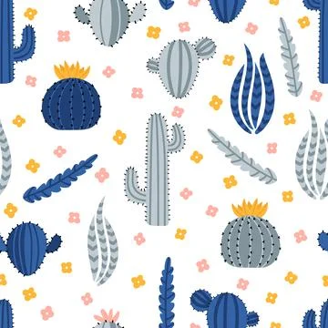 Cute hand drawn seamless pattern with cacti and succulent. Texture design p.. Stock Illustration