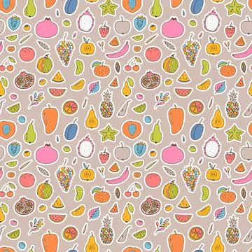 Cute hand drawn seamless pattern with summer fruits and berries. Healthy fo.. Stock Illustration