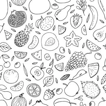 Cute hand drawn seamless pattern with summer fruits and berries. Healthy fo.. Illustrazione stock