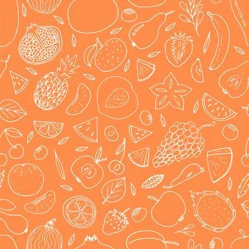 Cute hand drawn seamless pattern with summer fruits and berries. Healthy fo.. Stock Illustration