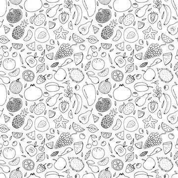 Cute hand drawn seamless pattern with summer fruits and berries. Healthy fo.. Stock Illustration