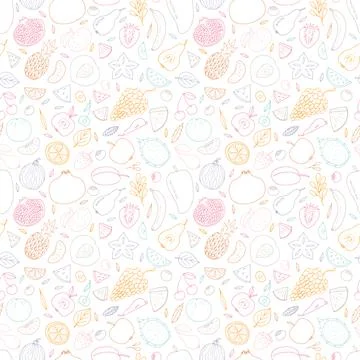 Cute hand drawn seamless pattern with summer fruits and berries. Healthy fo.. Illustrazione stock