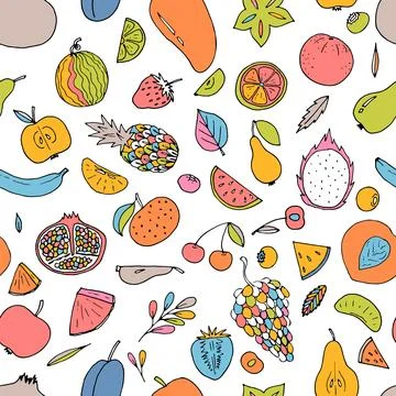 Cute hand drawn seamless pattern with summer fruits and berries. Healthy fo.. Stock Illustration