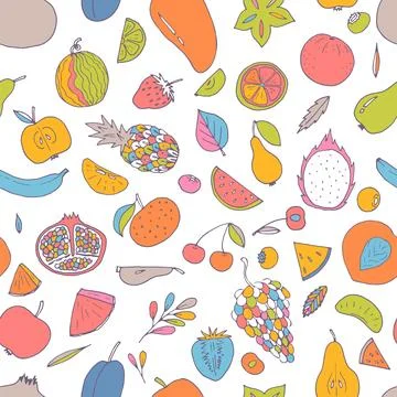 Cute hand drawn seamless pattern with summer fruits and berries. Healthy fo.. Stock Illustration