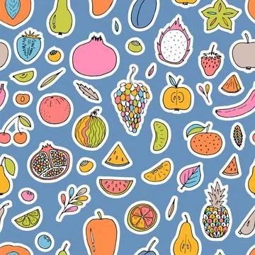 Cute hand drawn seamless pattern with summer fruits and berries. Healthy fo.. Stock Illustration