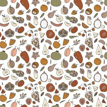 Cute hand drawn seamless pattern with summer fruits and berries. Healthy fo.. Stock Illustration