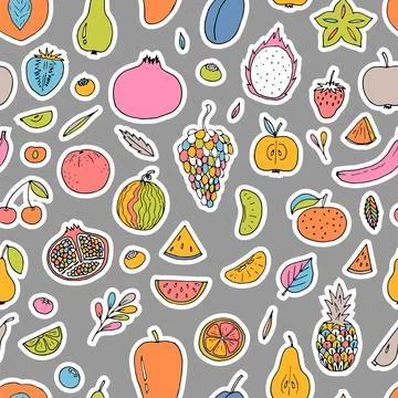 Cute hand drawn seamless pattern with summer fruits and berries. Healthy fo.. Illustrazione stock