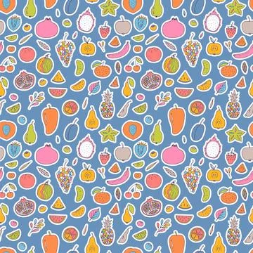 Cute hand drawn seamless pattern with summer fruits and berries. Healthy fo.. Stock Illustration