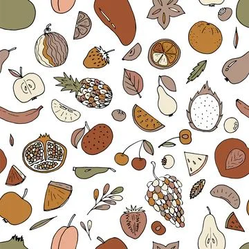 Cute hand drawn seamless pattern with summer fruits and berries. Healthy fo.. Stock Illustration