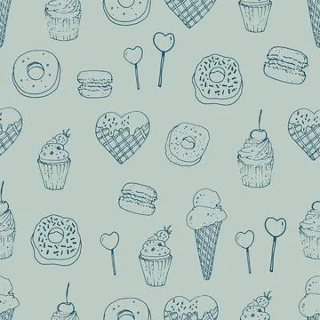 Cute hand drawn seamless pattern with different types of desserts Stock Illustration