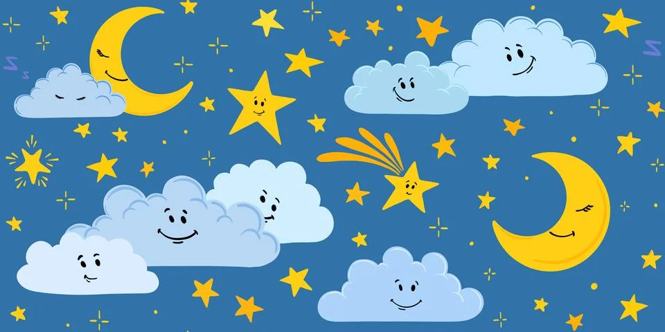 Cute hand-drawn seamless pattern with moon, stars and clouds in a childish .. Stock Illustration