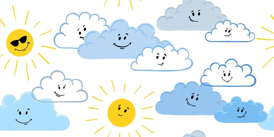 Cute hand-drawn seamless pattern with suns and clouds in a childish style. ca Stock Illustration