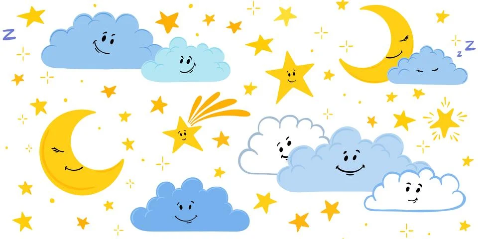 Cute hand-drawn seamless pattern with moon, stars and clouds in a childish .. Ilustração Stock