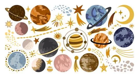 Cute hand drawn set of compositions of outer space and cosmic objects. Illustrazione stock