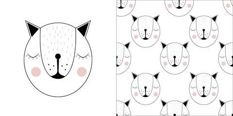 Cute Hand Drawn Sleeping Bear. Pink Highlights. Stock Illustration