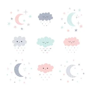 Cute hand drawn smiling clouds and moon with stars. Funny weather theme Stock Illustration