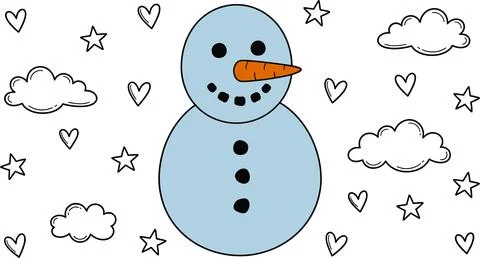 Cute Hand-Drawn Snowman with Clouds and Stars Illustration. Stock Illustration