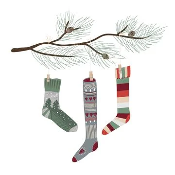 Cute hand drawn socks for Christmas presents hanging on a pine branch. Vector Stock Illustration