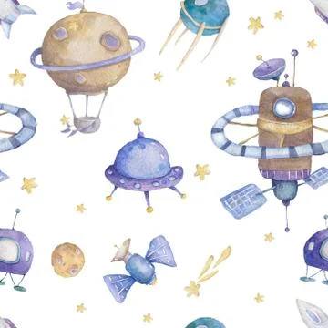 Cute Hand drawn space background. Watercolor cute pattern on space colorful i Stock Illustration