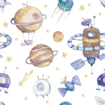 Cute Hand drawn space background. Watercolor cute pattern on space colorful i Stock Illustration