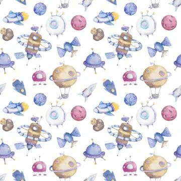 Cute Hand drawn space background. Watercolor cute pattern on space colorful i Stock Illustration