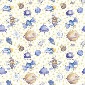 Cute Hand drawn space background. Watercolor cute pattern on space colorful i Stock Illustration