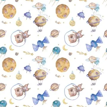 Cute Hand drawn space with cute hamster asrtonaut background. Watercolor cute Illustrazione stock