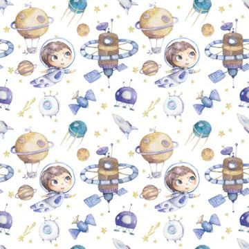 Cute Hand drawn space with Flying Boy background. Watercolor cute little astr Stock Illustration