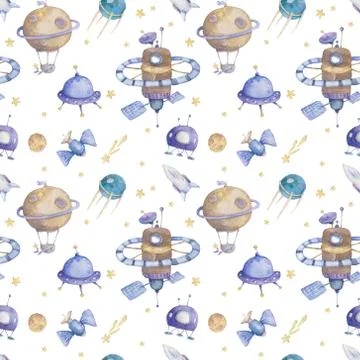 Cute Hand drawn space with rockets and planets, ufo, background. Watercolor c Stock Illustration