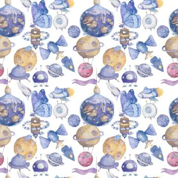 Cute Hand drawn space with rockets and planets, ufo, background. Watercolor c Illustrazione stock