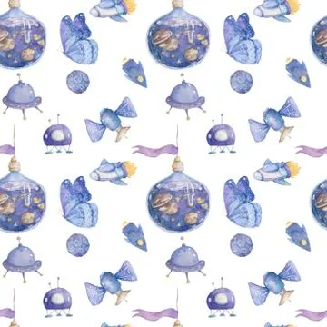 Cute Hand drawn space with rockets and planets, ufo, background. Watercolor c Stock Illustration