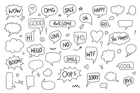 Cute hand drawn speech bubble doodle collection with comic text balloons, cha Stock Illustration