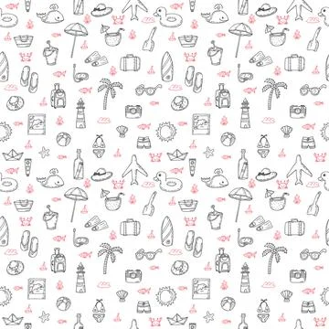 Cute hand drawn summer theme seamless pattern. Beach theme background with .. Stock Illustration