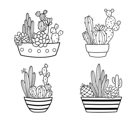 Cute hand drawn vector cactus in pots. Succulents, houseplants and various cacti Stock Illustration