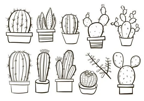 Cute hand drawn vector cactuse in the pots set Stock Illustration
