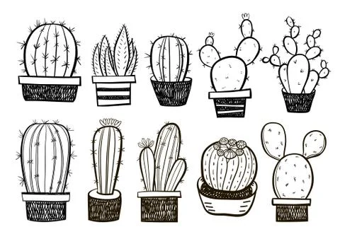 Cute hand drawn vector cactuse in the pots set Stock Illustration
