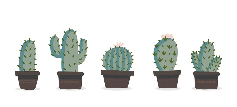 Cute hand drawn vector cactuse in the pots set. Vector Stock Illustration