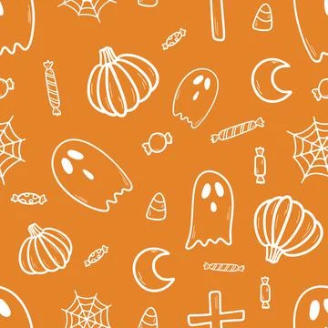 Cute hand drawn vector Halloween seamless pattern, orange doodle background. For Stock Illustration