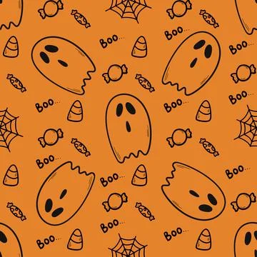 Cute hand drawn vector Halloween seamless pattern, orange doodle background. For Stock Illustration