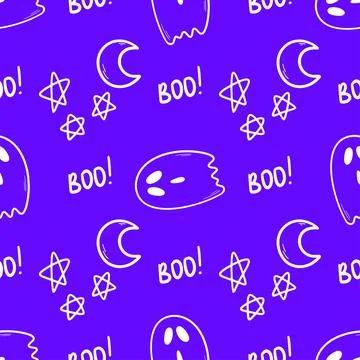 Cute hand drawn vector Halloween seamless pattern, violet doodle background. For Illustrazione stock