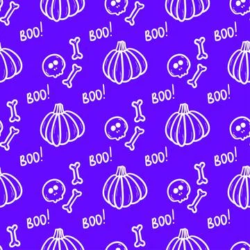 Cute hand drawn vector Halloween seamless pattern, violet doodle background. For Stock Illustration