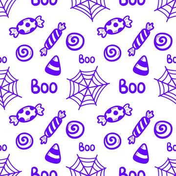 Cute hand drawn vector Halloween seamless pattern, violet doodle background. For Stock Illustration