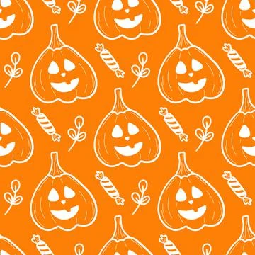Cute hand drawn vector Halloween seamless pattern, orange doodle background. For Stock Illustration